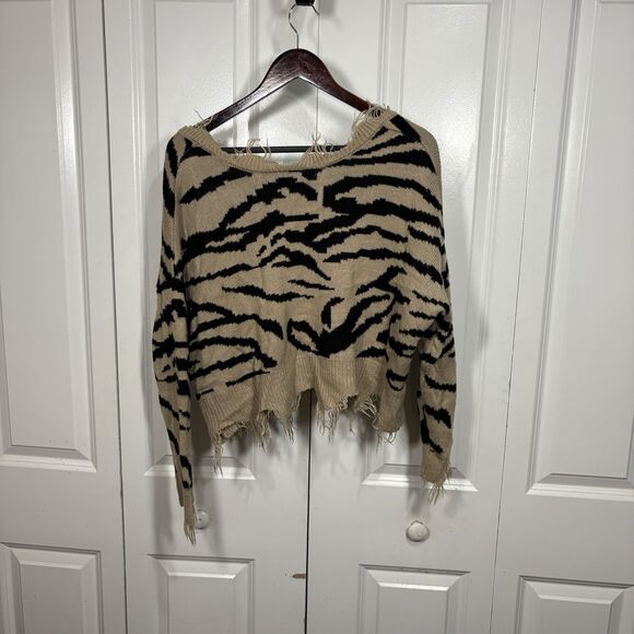 Polly Esther Womens M Distressed V Neck Zebra Animal Print Sweater Grunge Boho - Picture 2 of 6